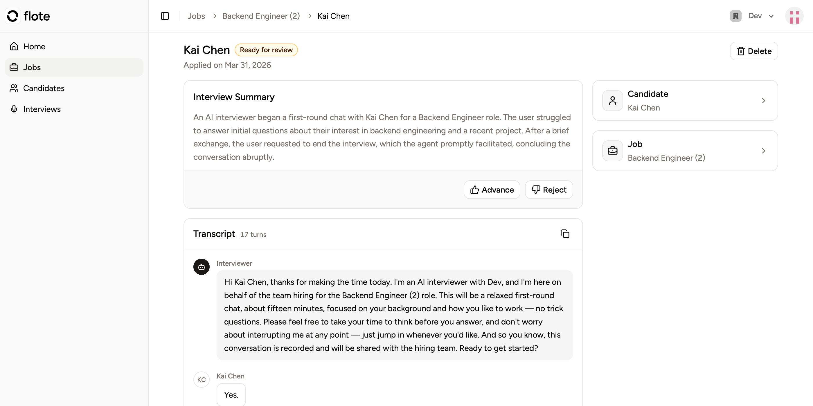 Flote candidate review: interview summary, recommendation, and transcript